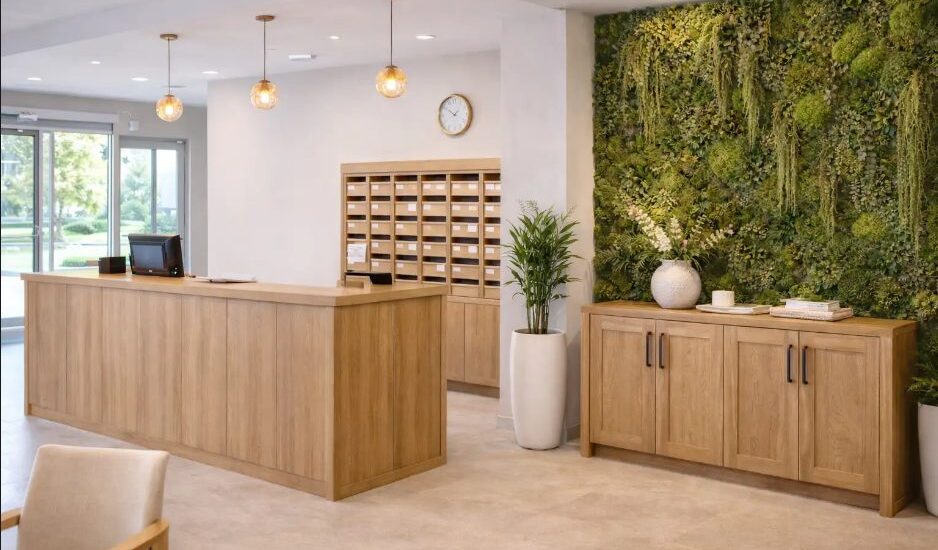 agencement-accueil-maison-retraite-mobilier-bois-mur-vegetal-inshops.jpg Agencement d’un espace accueil en maison de retraite avec mobilier sur mesure en bois, mur végétal stabilisé et meuble de tri du courrier.