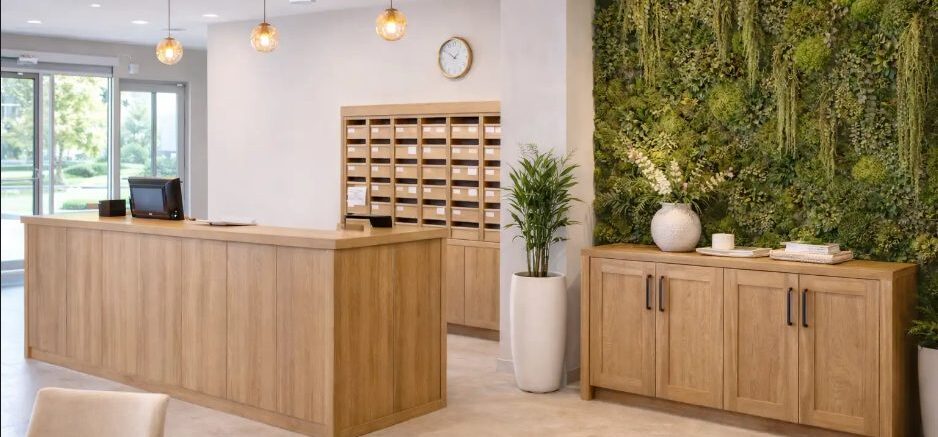 Agencement d’un espace accueil en maison de retraite avec mobilier sur mesure en bois, mur végétal stabilisé et meuble de tri du courrier.