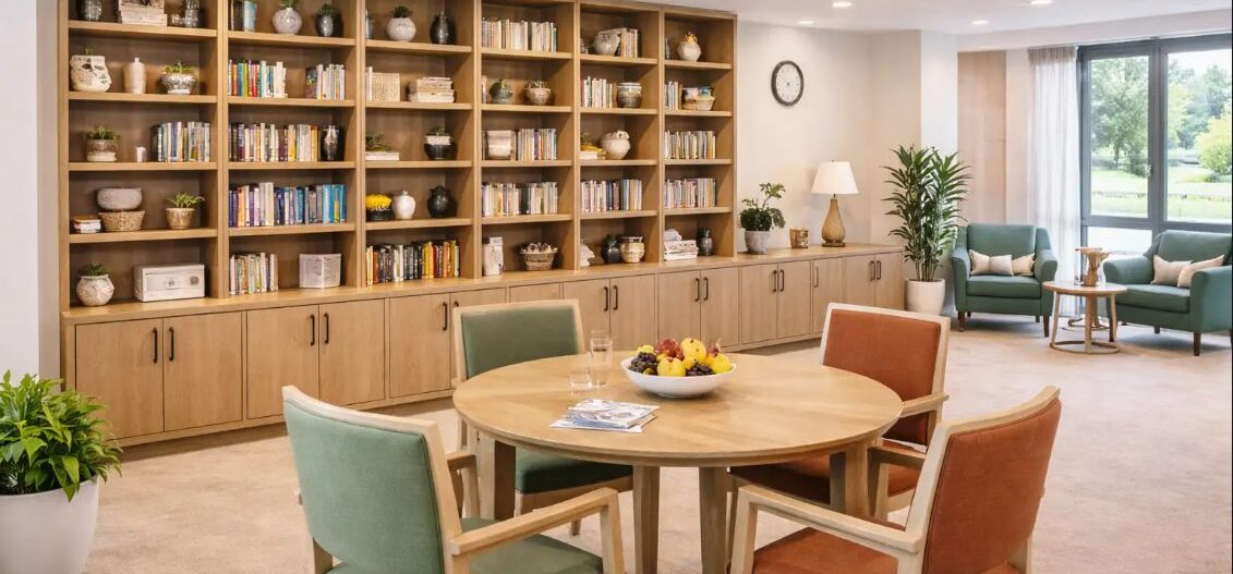 Agencement d’un espace collectif avec bibliothèque murale en bois, fauteuils confortables et tables de lecture pour maison de retraite.