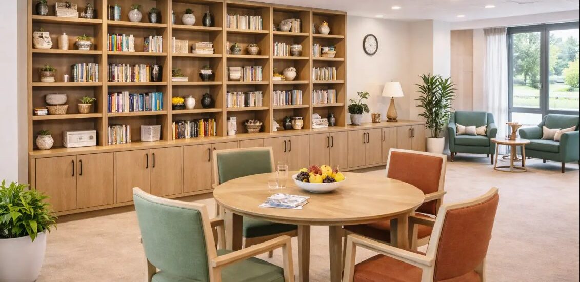agencement-bibliotheque-espace-collectif-maison-retraite-inshops.jpg Agencement d’un espace collectif avec bibliothèque murale en bois, fauteuils confortables et tables de lecture pour maison de retraite.
