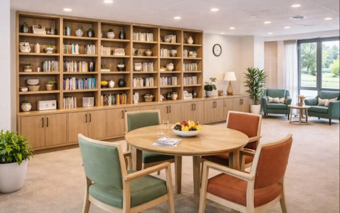 agencement-bibliotheque-espace-collectif-maison-retraite-inshops.jpg Agencement d’un espace collectif avec bibliothèque murale en bois, fauteuils confortables et tables de lecture pour maison de retraite.