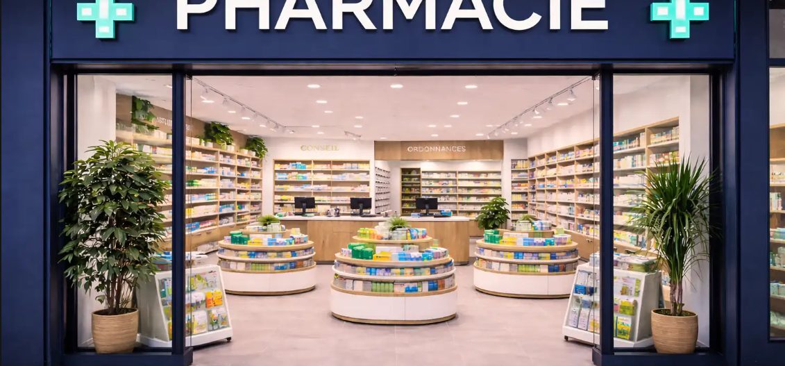 Agencement de pharmacie moderne avec façade vitrée, mobilier central circulaire, rayonnages muraux et comptoir de délivrance réalisé sur mesure.