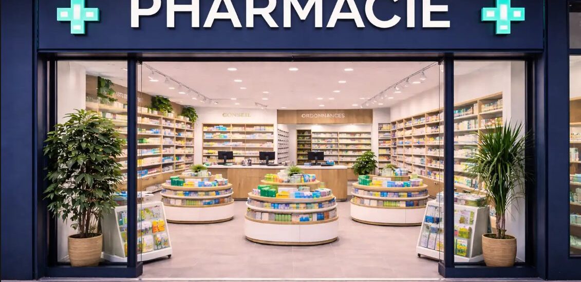 agencement-pharmacie-mobilier-central-rayonnage-inshops.jpg Agencement de pharmacie moderne avec façade vitrée, mobilier central circulaire, rayonnages muraux et comptoir de délivrance réalisé sur mesure.