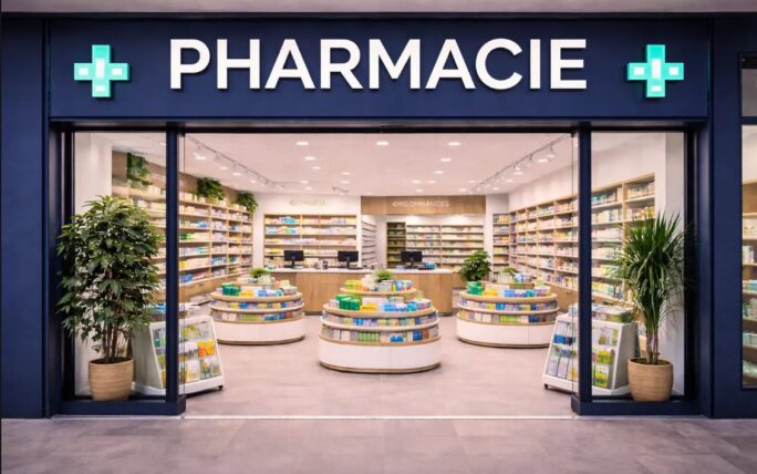 agencement-pharmacie-mobilier-central-rayonnage-inshops.jpg Agencement de pharmacie moderne avec façade vitrée, mobilier central circulaire, rayonnages muraux et comptoir de délivrance réalisé sur mesure.