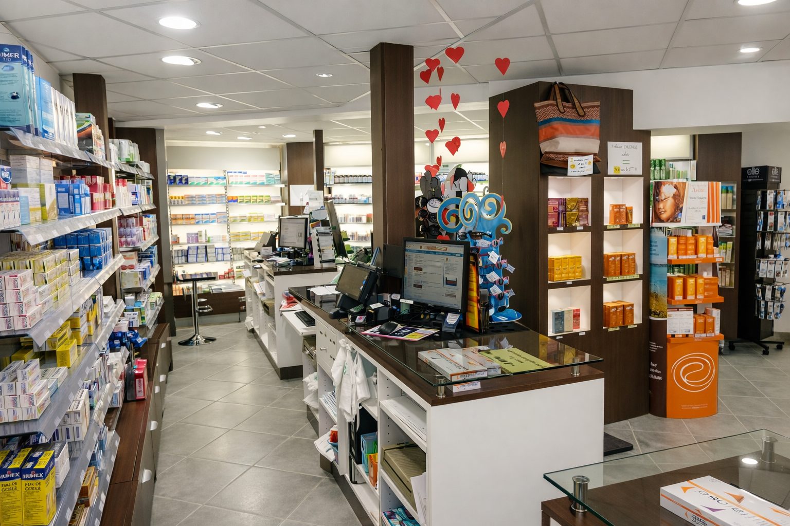 Intérieur d’une pharmacie avec comptoir de vente, rayonnages de médicaments et espace de conseil