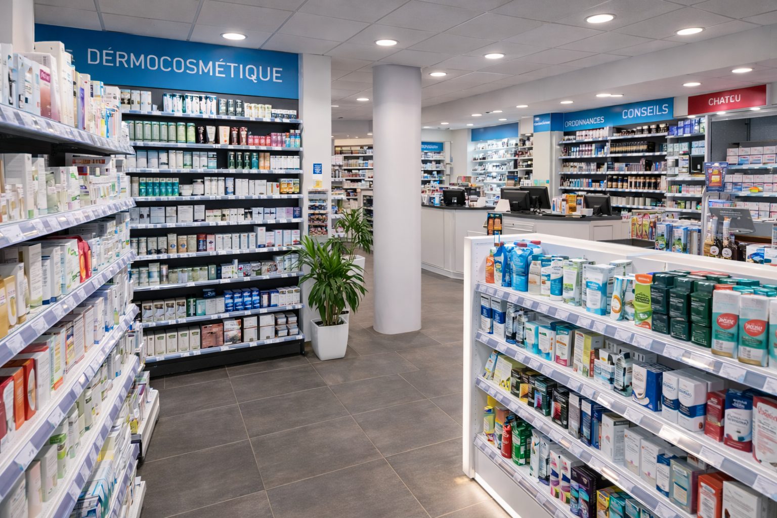 Espace dermo cosmétique en pharmacie avec vue sur le comptoir et linéaires organisés