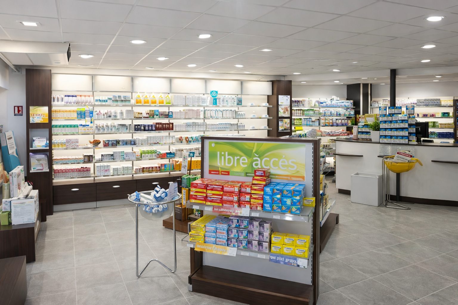 Agencement d’une pharmacie avec espace libre accès et rayonnages de produits de santé