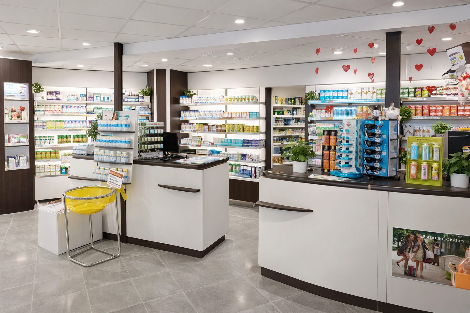 Agencement intérieur d’une pharmacie moderne avec comptoirs de conseil et rayonnages de produits de santé