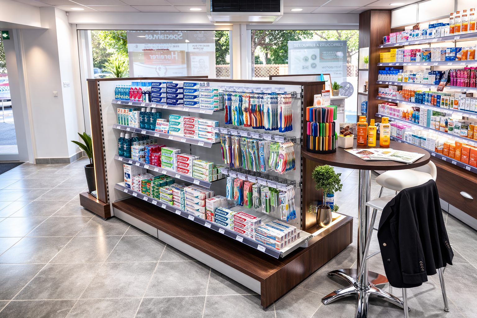 Rayonnage libre-service de produits d’hygiène bucco-dentaire dans une pharmacie moderne