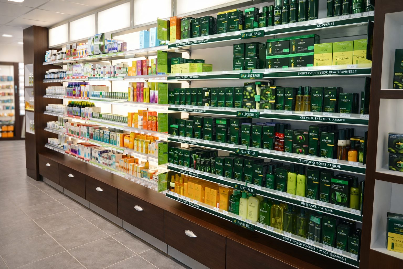 Rayonnage de produits dermo-cosmétiques et parapharmacie dans une pharmacie avec mobilier d’agencement