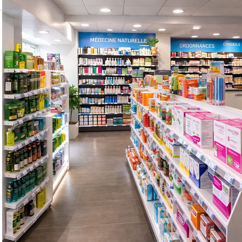 Allée centrale de pharmacie avec rayonnages de produits de santé et espace médecine naturelle