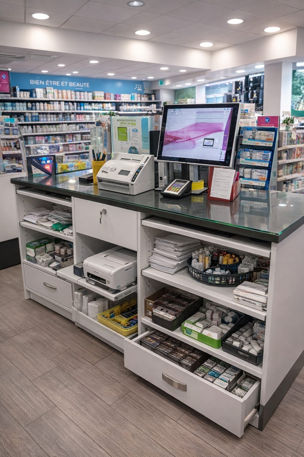 Comptoir de pharmacie avec poste de vente équipé et rangements organisés pour le personnel