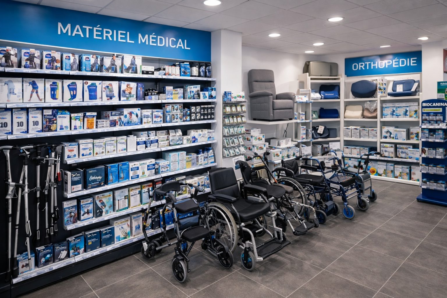 Espace matériel médical et orthopédie en pharmacie avec fauteuils roulants, déambulateurs et équipements de santé