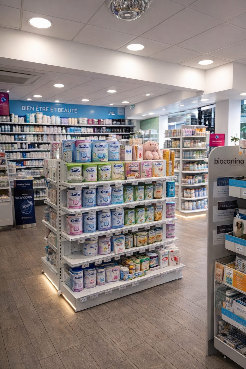 Gondole centrale de pharmacie dédiée aux produits bébé avec linéaires organisés