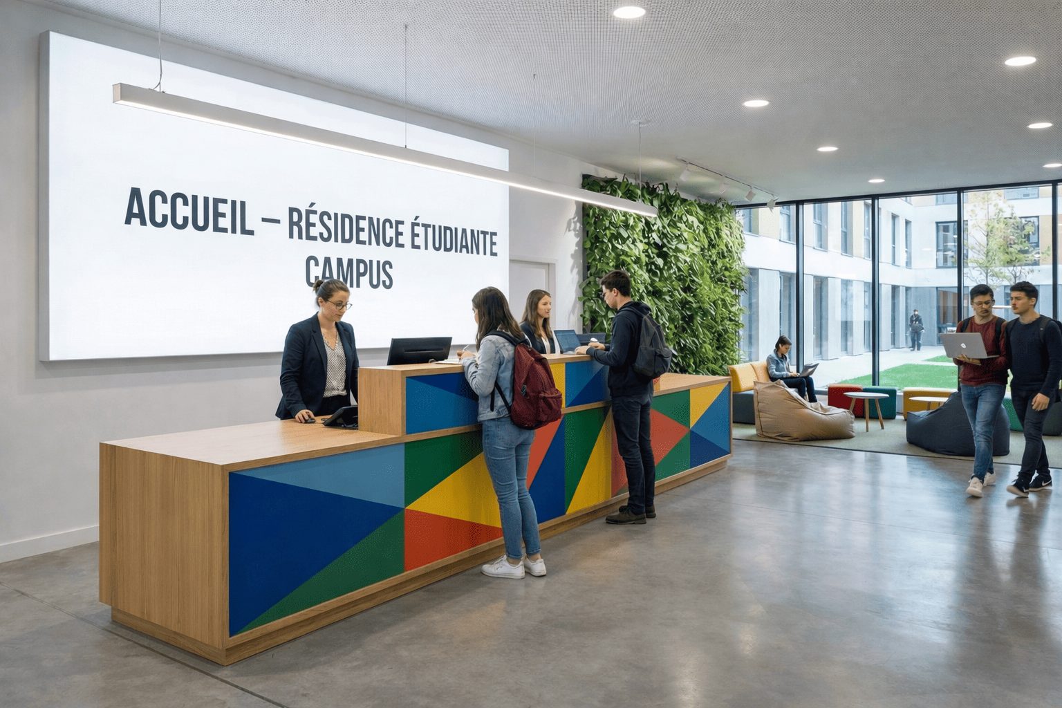 Espace d’accueil de résidence étudiante avec comptoir design et interaction des utilisateurs dans un environnement moderne