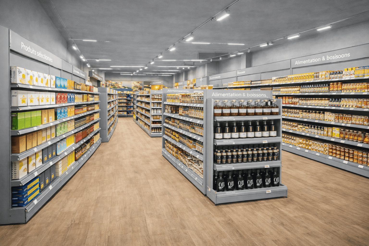 Agencement de magasin alimentaire avec rayonnages muraux et gondoles centrales en mobilier métallique gris modulaire