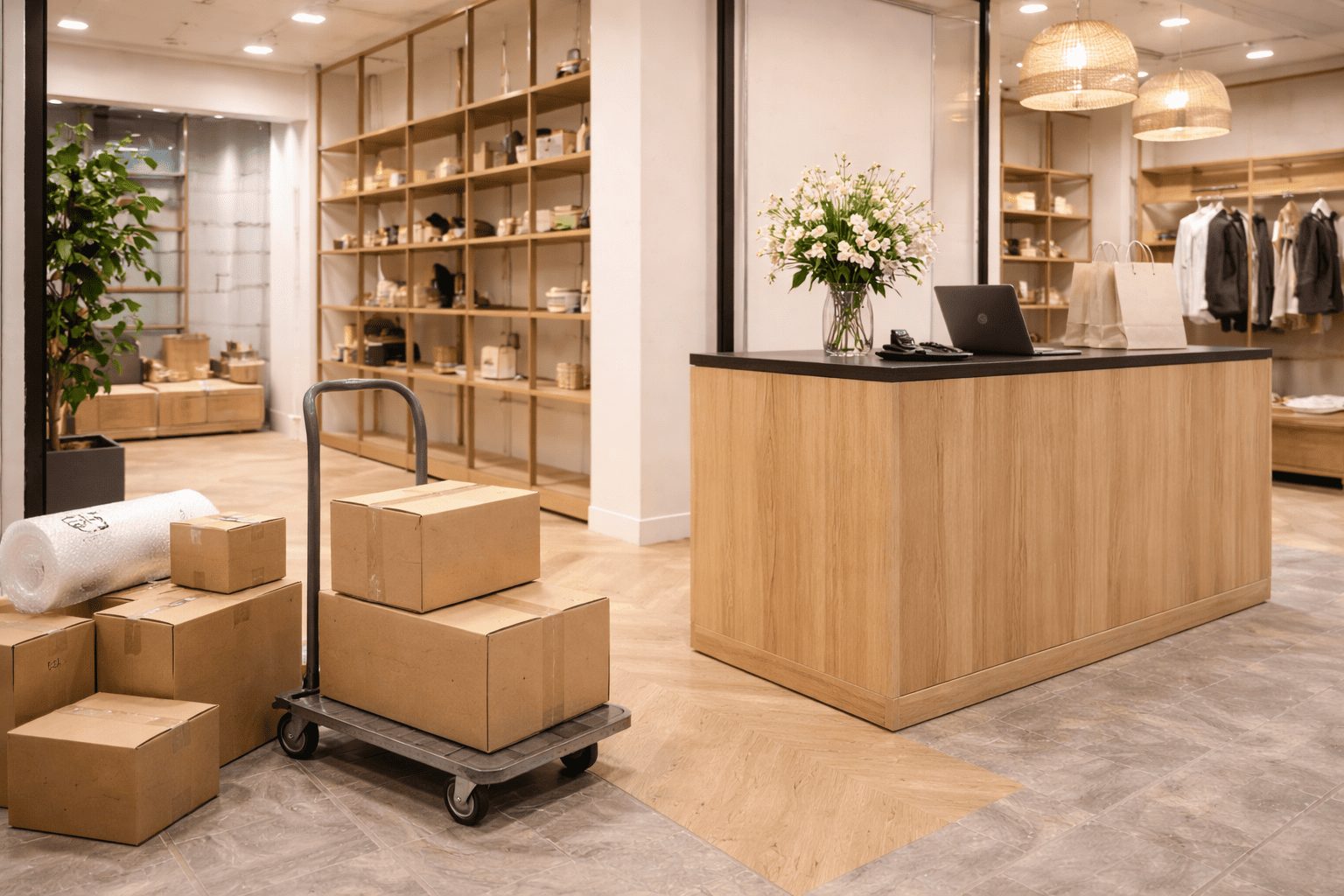 Comptoir de boutique prêt-à-porter en bois avec espace d’accueil et encaissement dans un magasin moderne