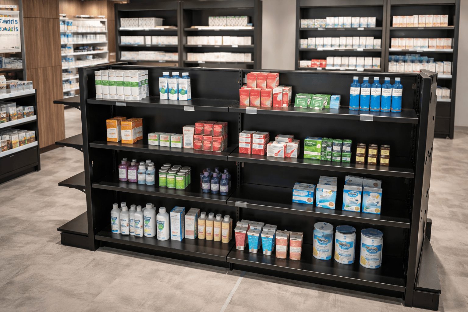 Agencement de pharmacie avec gondole en métal et mobilier modulaire présentant des produits de santé et de parapharmacie