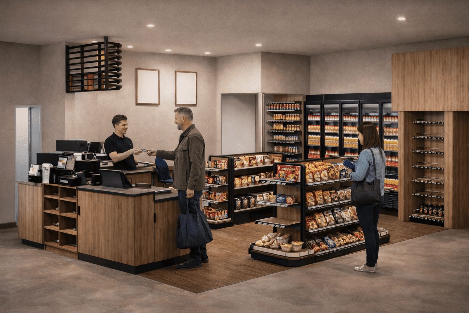 agencement station service avec clients espace vente snacking libre service gondoles mobilier magasin optimisation parcours client