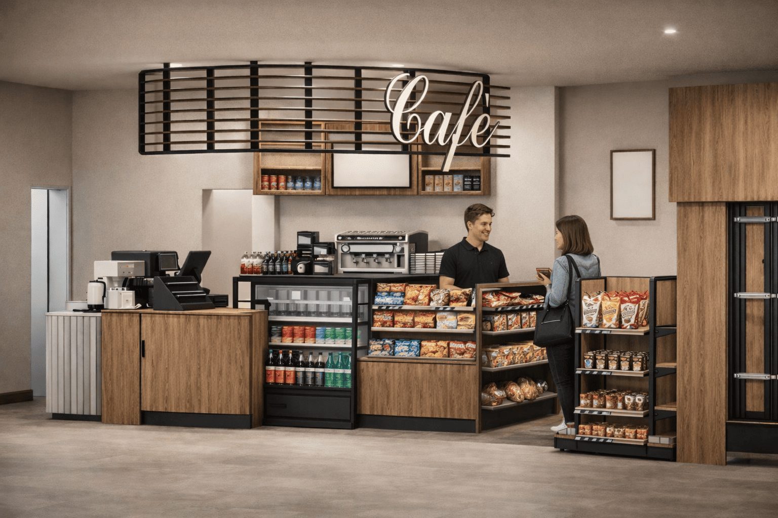 agencement station service espace cafe snacking libre service mobilier bois vente produits circulation client