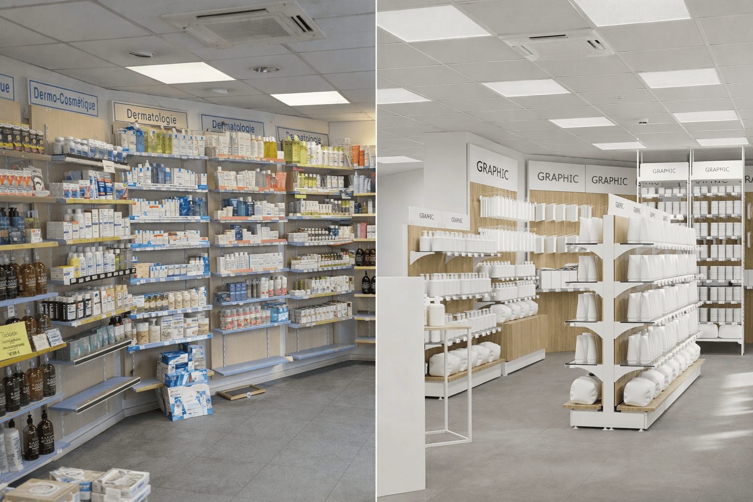 Comparaison avant après d’un rayon dermo-cosmétique passant d’un espace surchargé à un aménagement optimisé pour faciliter l’achat