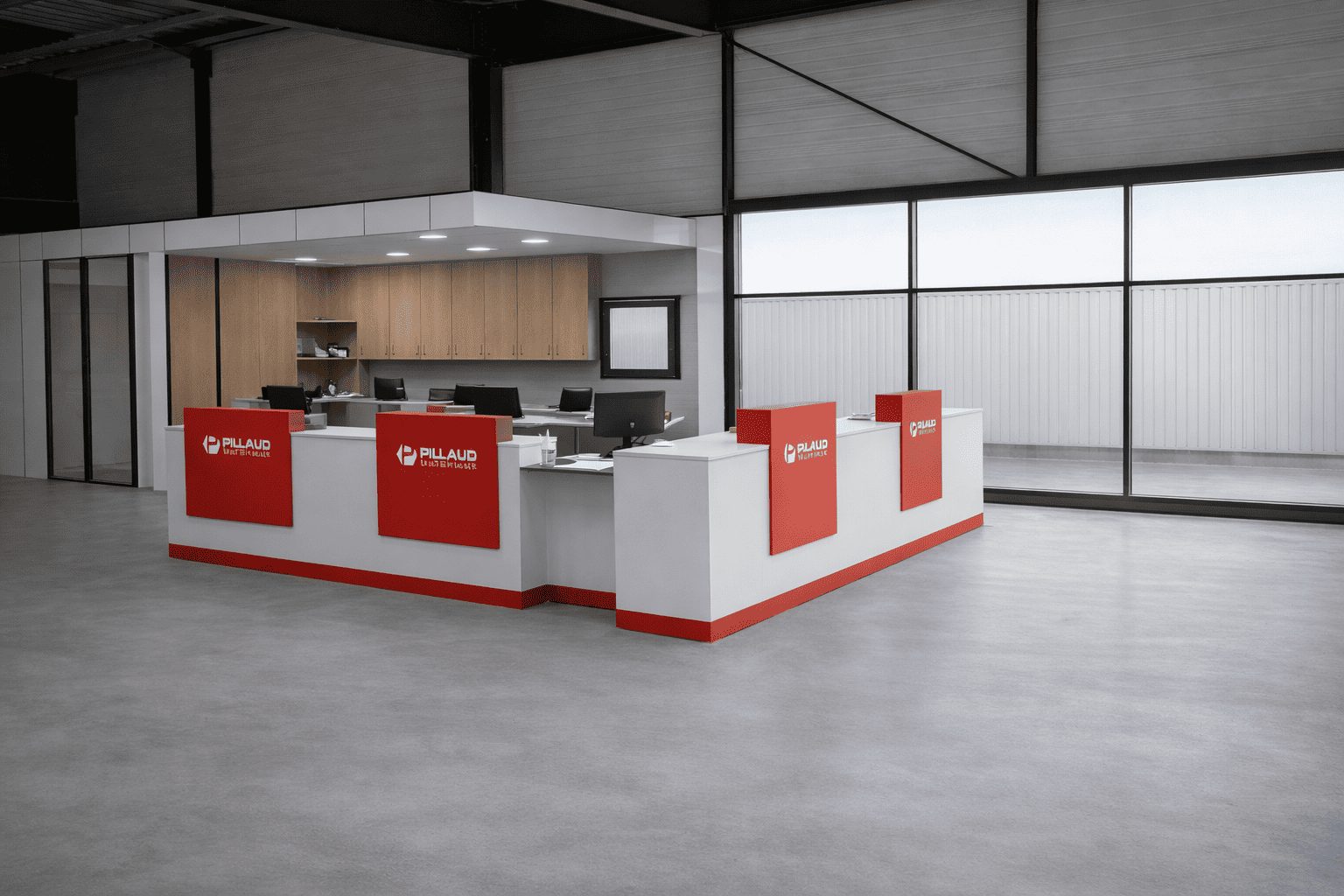 Comptoirs d’accueil Pillaud installés dans un espace commercial avec aménagement moderne et finition professionnelle