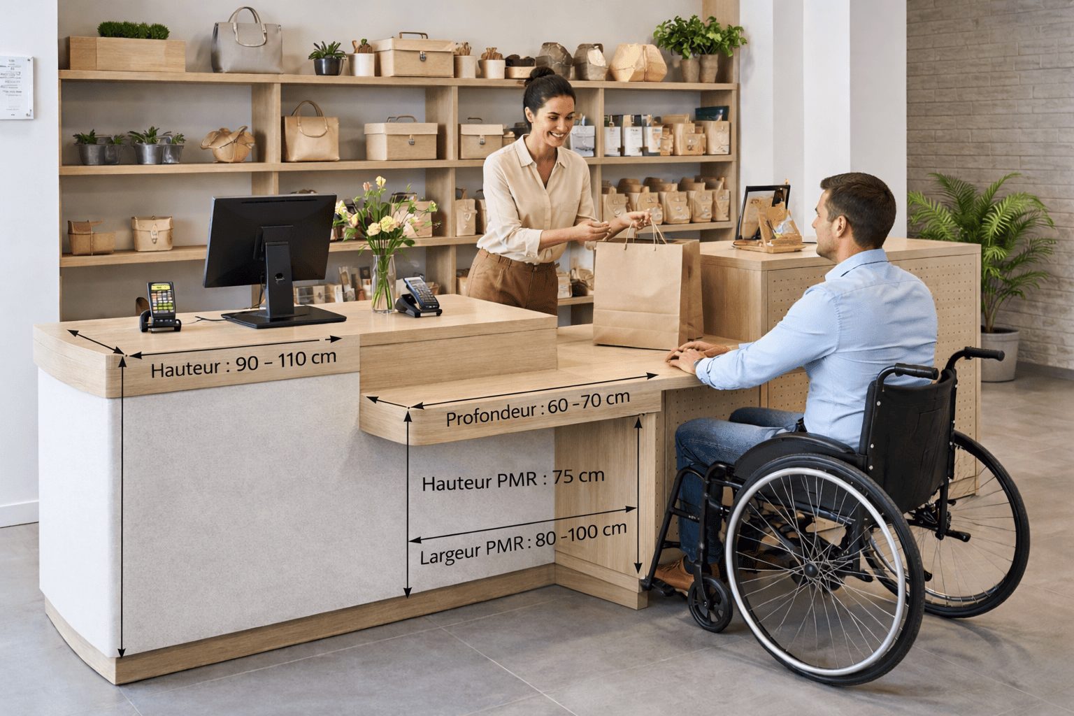Comptoir de vente magasin avec dimensions ergonomiques et zone PMR accessible (hauteur, profondeur et espace adapté)