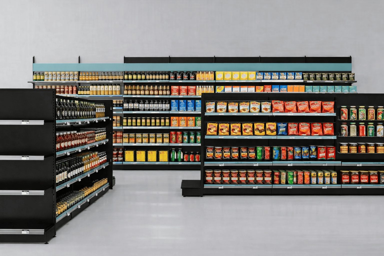 Gondole de magasin alimentaire avec mobilier métallique modulaire et rayonnage rempli de produits alimentaires