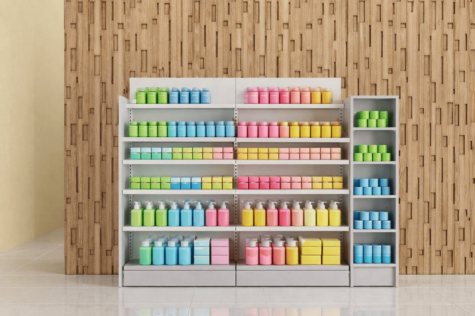 Gondole de pharmacie avec produits colorés organisés sur étagères modulaires pour un merchandising attractif et structuré