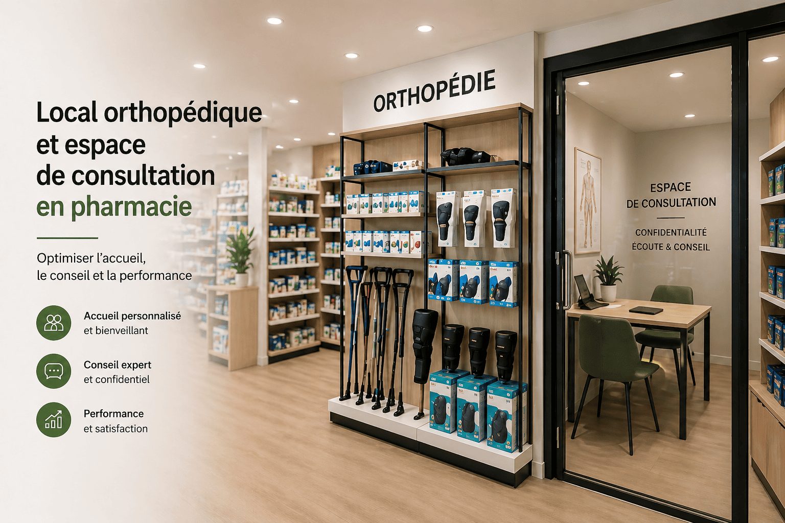 Aménagement d’un espace orthopédique avec cabine de consultation en pharmacie moderne