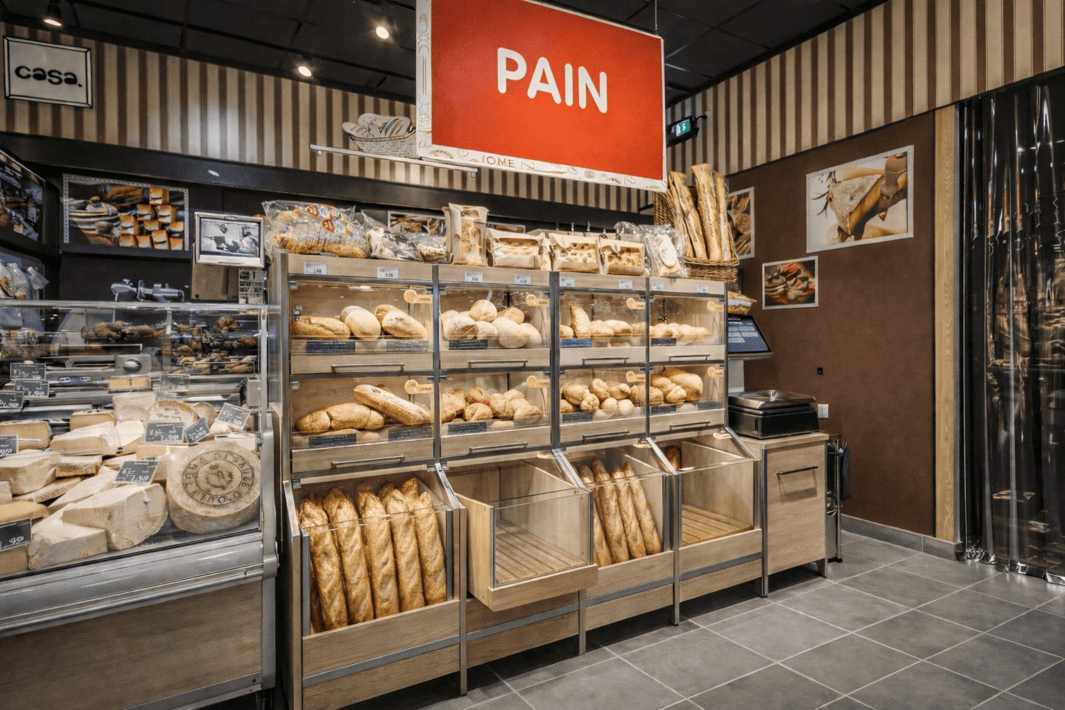meuble libre service boulangerie presentoir pain et baguettes en magasin avec mobilier professionnel