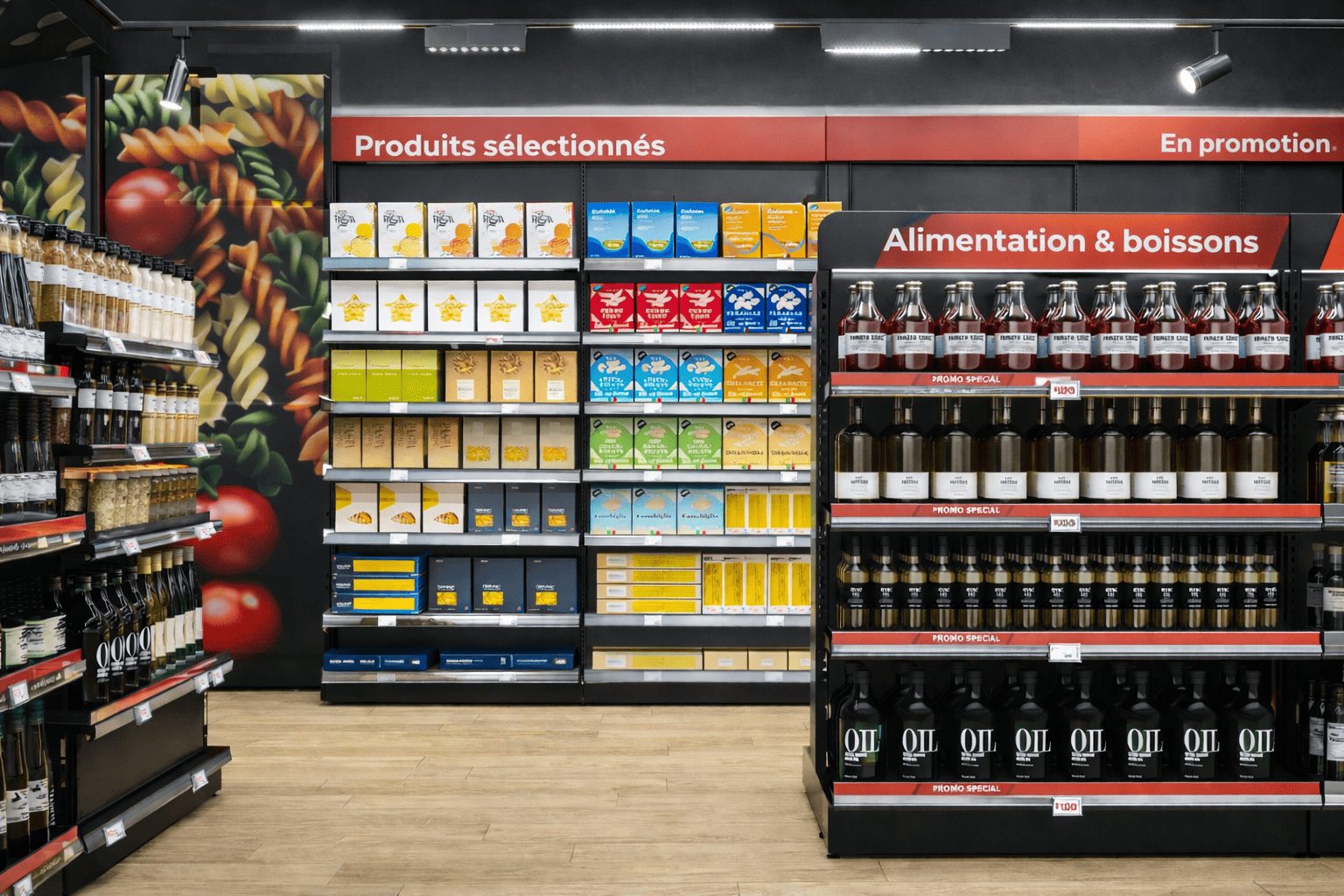 Mobilier magasin économique en métal avec gondole centrale et rayonnage mural pour commerce alimentaire