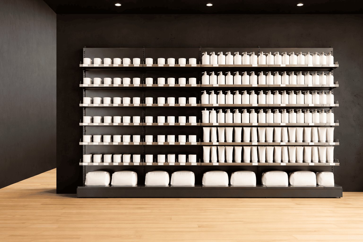 Mobilier mural linéaire en métal noir avec rayonnage de produits pharmacie