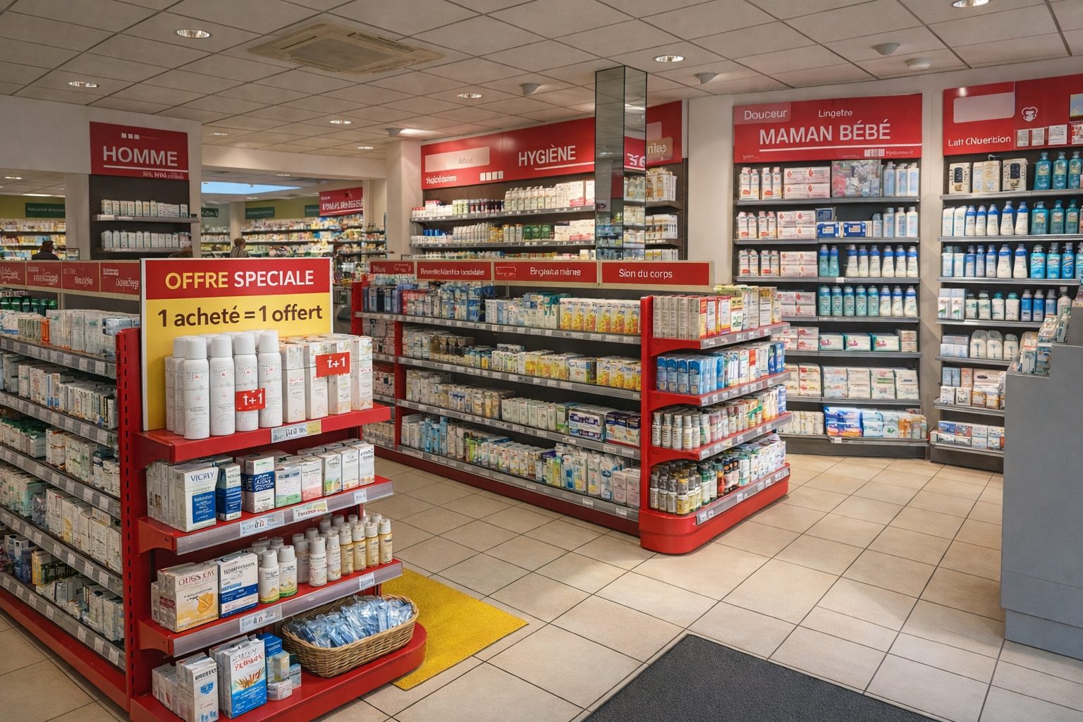 pharmacie agencement optimise merchandising zone chaude offre speciale tete de gondole produits hygiene