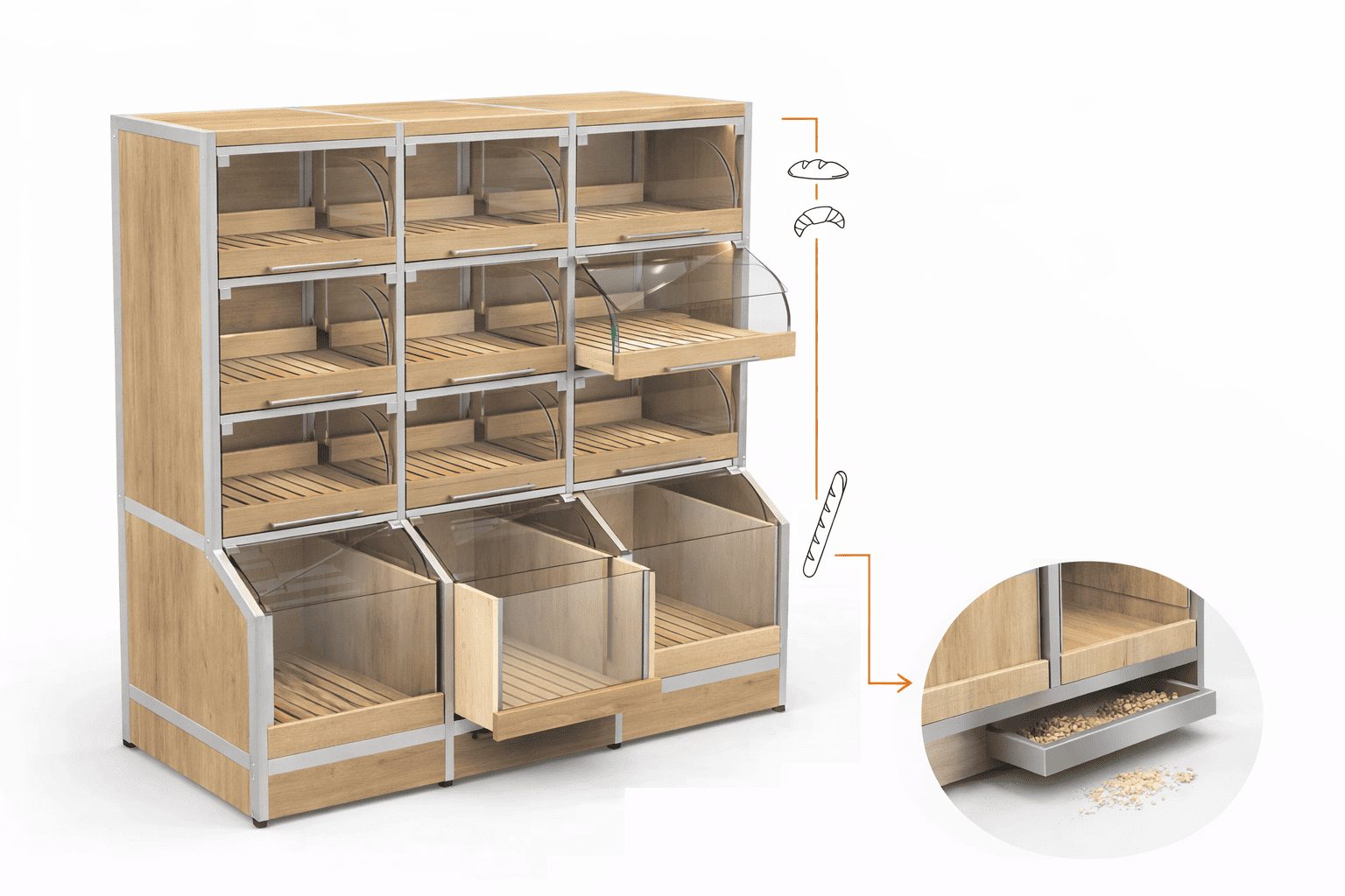 meuble baguette libre service boulangerie presentoir pain professionnel avec systeme ramasse miettes