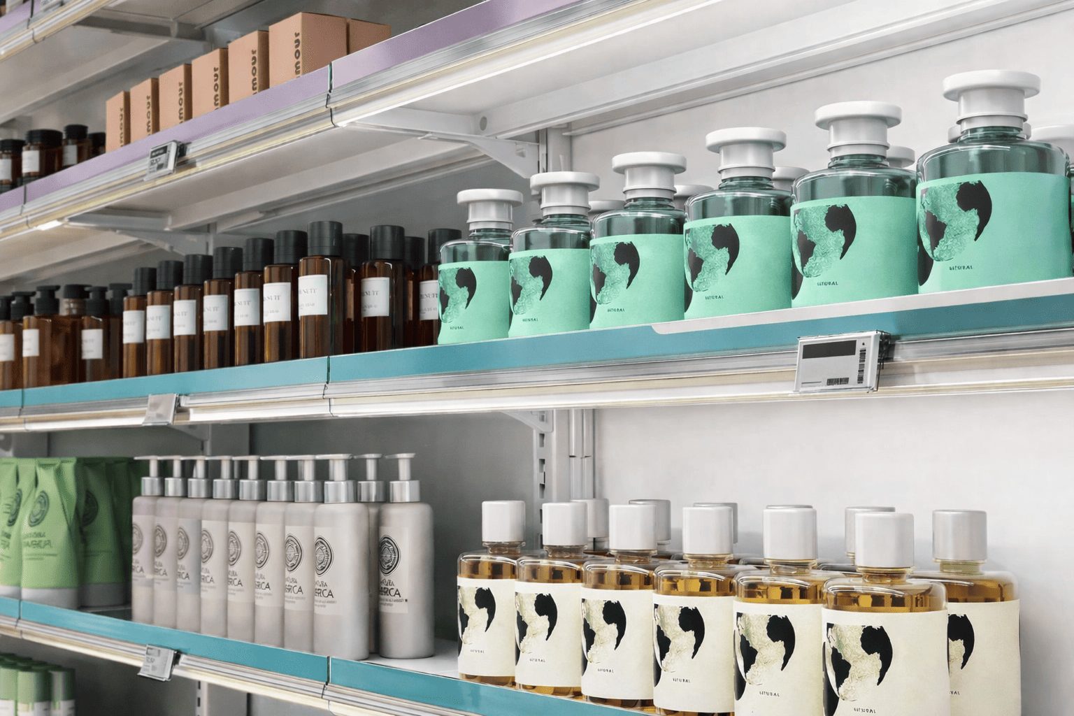 Rayonnage de magasin cosmétique avec mobilier métallique modulaire et étagères présentant des produits de soins et d’hygiène