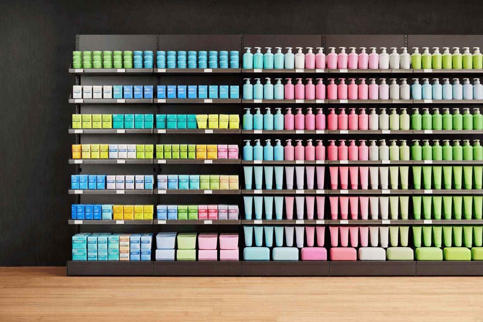 Rayonnage de pharmacie avec mobilier modulaire et présentation organisée de produits de santé aux emballages colorés