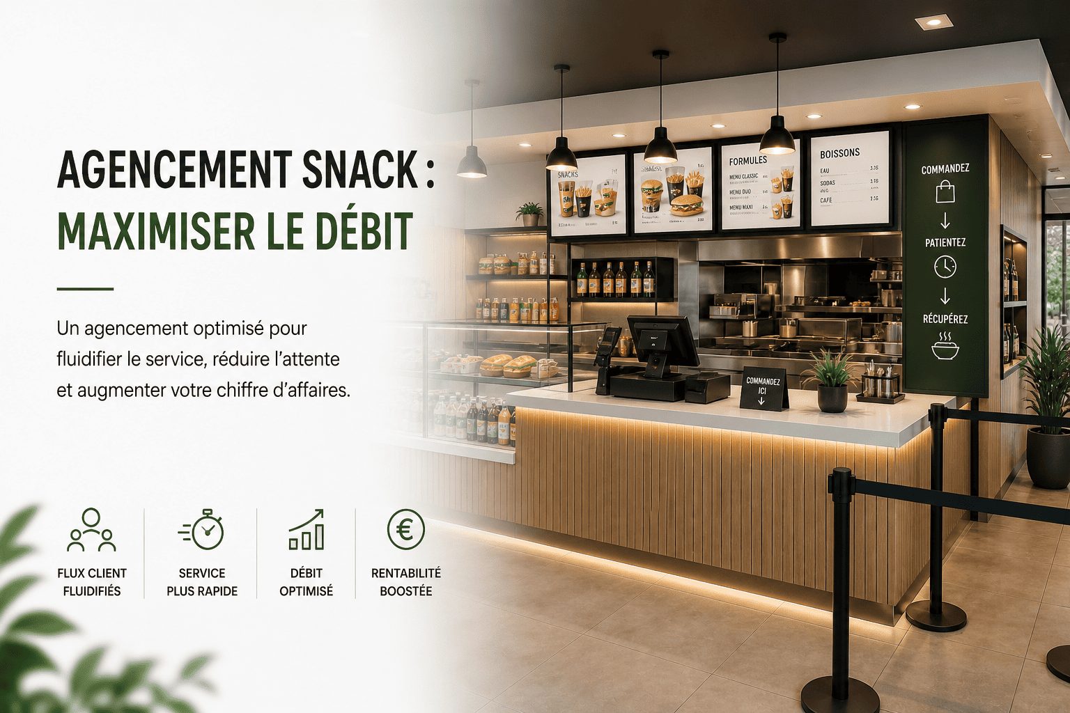 Agencement de snack optimisé avec comptoir structuré et parcours client fluide pour maximiser le débit